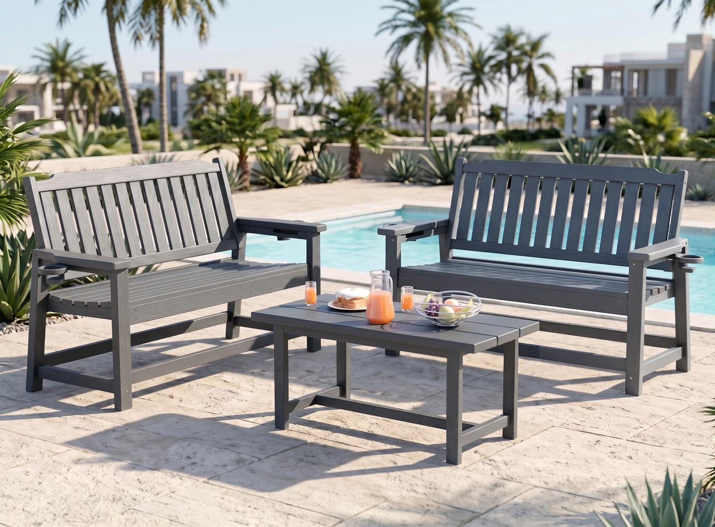 WACASA 48" Outdoor Bench Set of 2, HDPE Weatherproof Porch Bench, 2-Person Garden Benches with 660 Lbs, Waterproof Patio Benches for Outside Balcony Deck Backyard,Grey