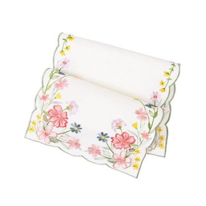 Chlophy Spring Table Runner Embroidered Wildflower Scalloped Small Floral Table Runner Farmhouse Short Flower Runner for Coffee Table Dining Decoration 36 inch Beige