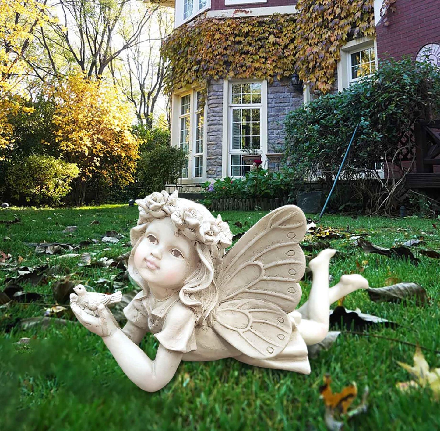 Fairy Garden Decor - Angel Holding a Bird Garden Statues for Outside, Resin Fairies for Fairy Garden, Cute Yard Ornaments Outdoors, Ideal Gifts for Mom and Grandma, 11” Width