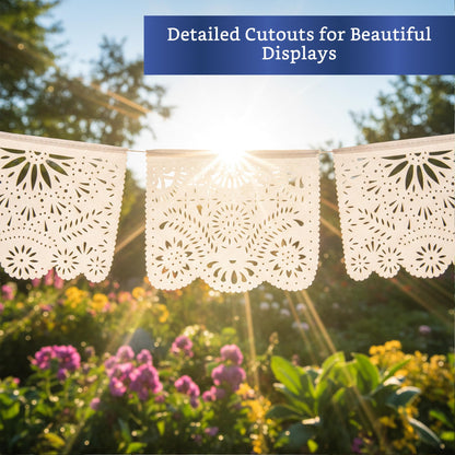 White Papel Picado Banner (5 Pack - 10 Plastic Flags per Banner) - White Mexican Banners for Parties and Weddings - Mexican Themed Party Decorations - Papel Picado Mexicano para Decoraciones