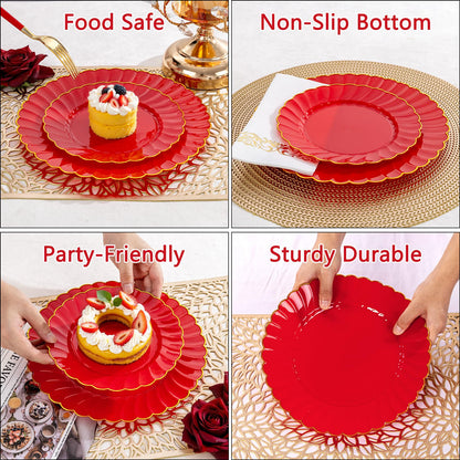 Ciaell 175 PCS Red Scalloped Plastic Plates with Gold Trim - Red Plastic Silverware with Handle - Fancy High-End Dinnerware Sets for Wedding & Party & Mother's Day
