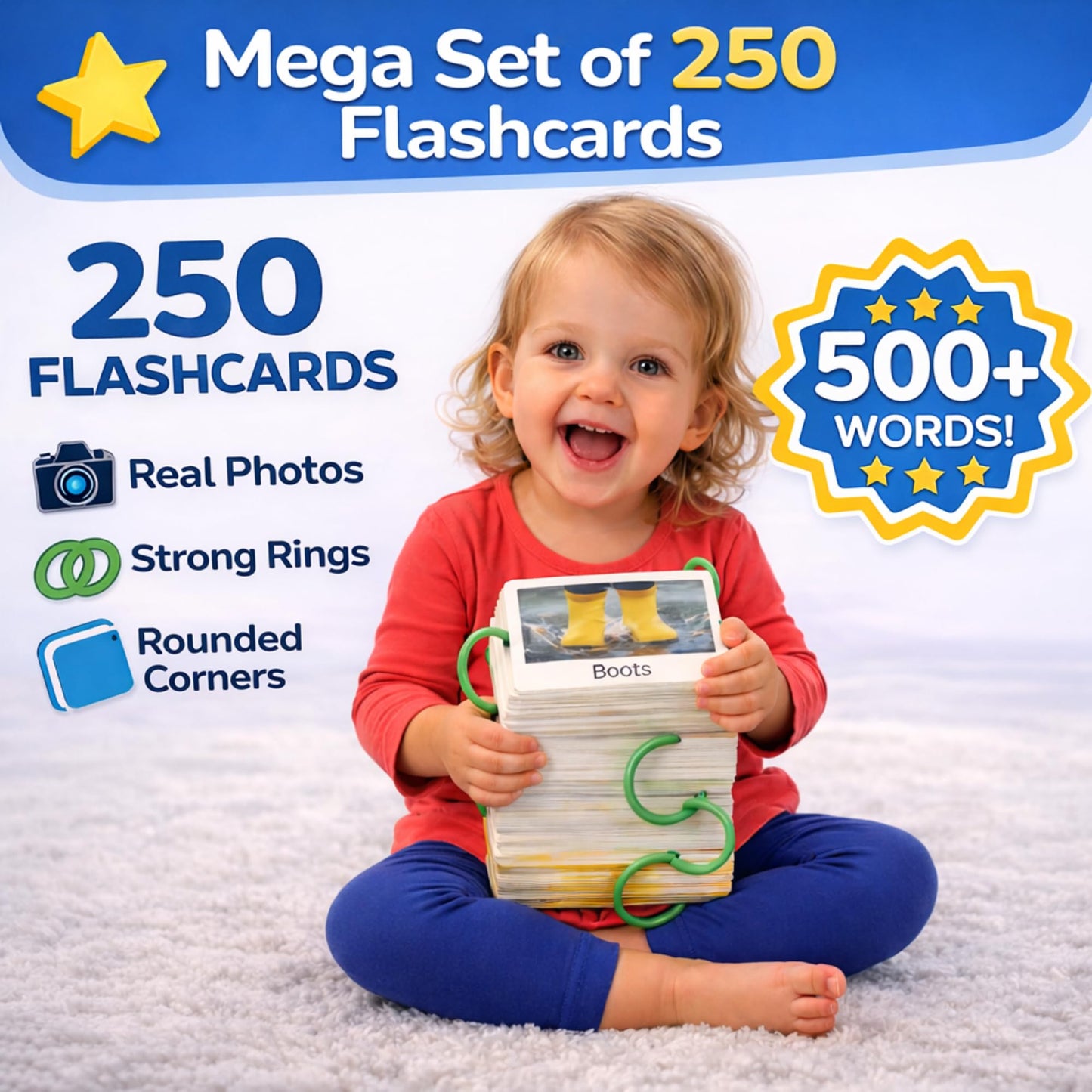 Flash Cards for Toddlers 1–3 with Rings,250 Double-Sided Cards,500 Words–1 Year Old Girl & Boy Gifts – Toddler Flash Cards–Learning & Educational Toys for 1+ Year Old, Montessori Toys for 2 Year Olds