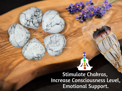 Howlite Crystal Heart Palm Stone - Pocket Massage Worry Stone for Natural Body Chakra Balancing, Reiki Healing and Crystal Grid