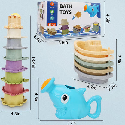 SLTBEH Baby Bath Toys for Toddlers 1-3, 14 Pcs Bathtub Toys for for Kids Age 2-4,Mold Free Bath Boat with Stacking Cup & Watering Can , Water Table Toys for Infants Boys Girls Babies 6-12-18 Months