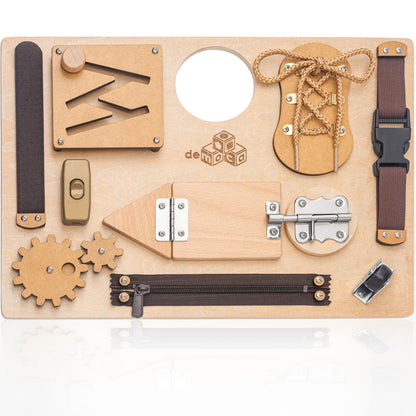 deMoca Sensory Busy Board for Toddlers, Premium Wooden Toddler Busy Board for 1 2 3 Year Old with 10 Educational Activities for Fine Motor Skills, Fidget Activity Toy for Travel