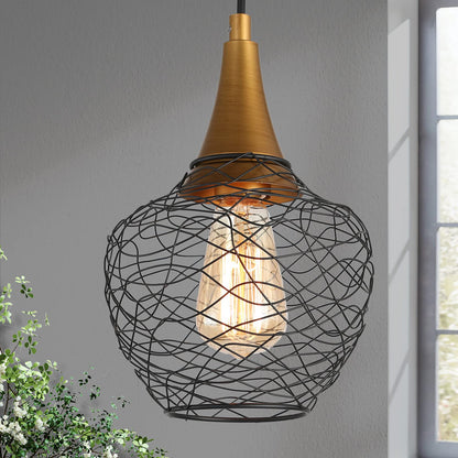 Durent Lighting Brass Modern Industrial Pendant Light, Antique Gold and Black Pendant Lighting Fixtures with Metal Wire Cage for Kitchen Island, Dining Room, Foyer and Bedroom