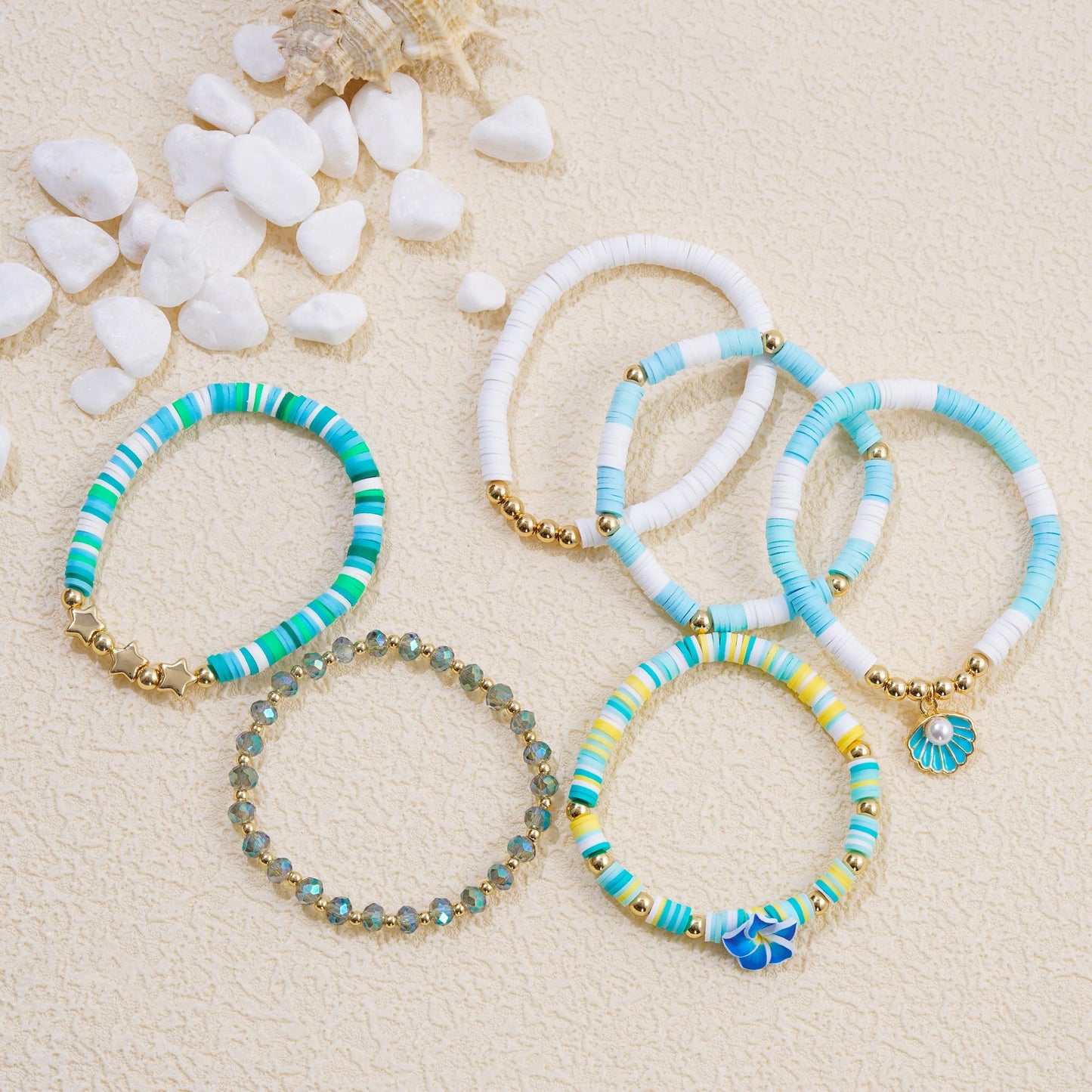 RISHEGAE Heishi Beaded Stretch Bracelets for Women Stackable Gold Polymer Clay Beads Bracelets Friendship Boho Summer Beach Bracelet Jewelry Set (F-Blue Flower)
