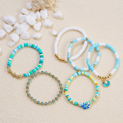 RISHEGAE Heishi Beaded Stretch Bracelets for Women Stackable Gold Polymer Clay Beads Bracelets Friendship Boho Summer Beach Bracelet Jewelry Set (F-Blue Flower)