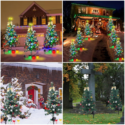 Aukora Solar Christmas Tree Lights Outside Decorations 31 in,8 Modes Christmas Light Outdoor Waterproof with 23 Xmas Accessories & 3 Gifts Box Lights for Garden Pathway Cemetery Decorations,2Pack