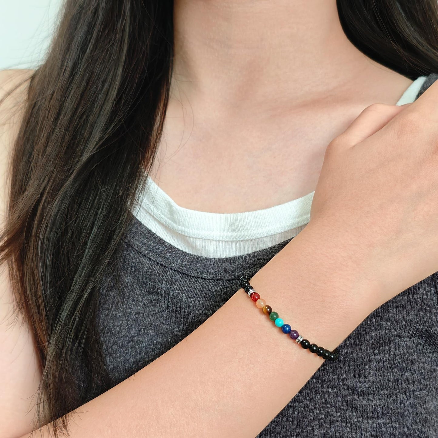 CHCCOYE 4mm Natural Healing Gemstone Bracelet Handmade Yoga Stretch Elastic Bracelet Stress Relief Crystal Jewelry for Men and Women (4mm, Seven Chakra Stones)