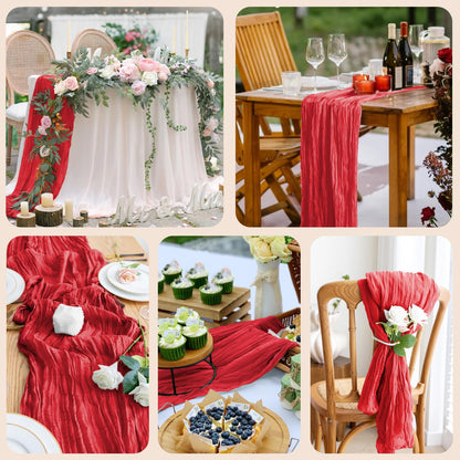 Xiomot Table Runner Cheesecloth 10FT Red Boho Gauze Cheese Cloth Rustic Sheer Table Runners for Wedding Birthday Bridal Baby Shower Party Decoration