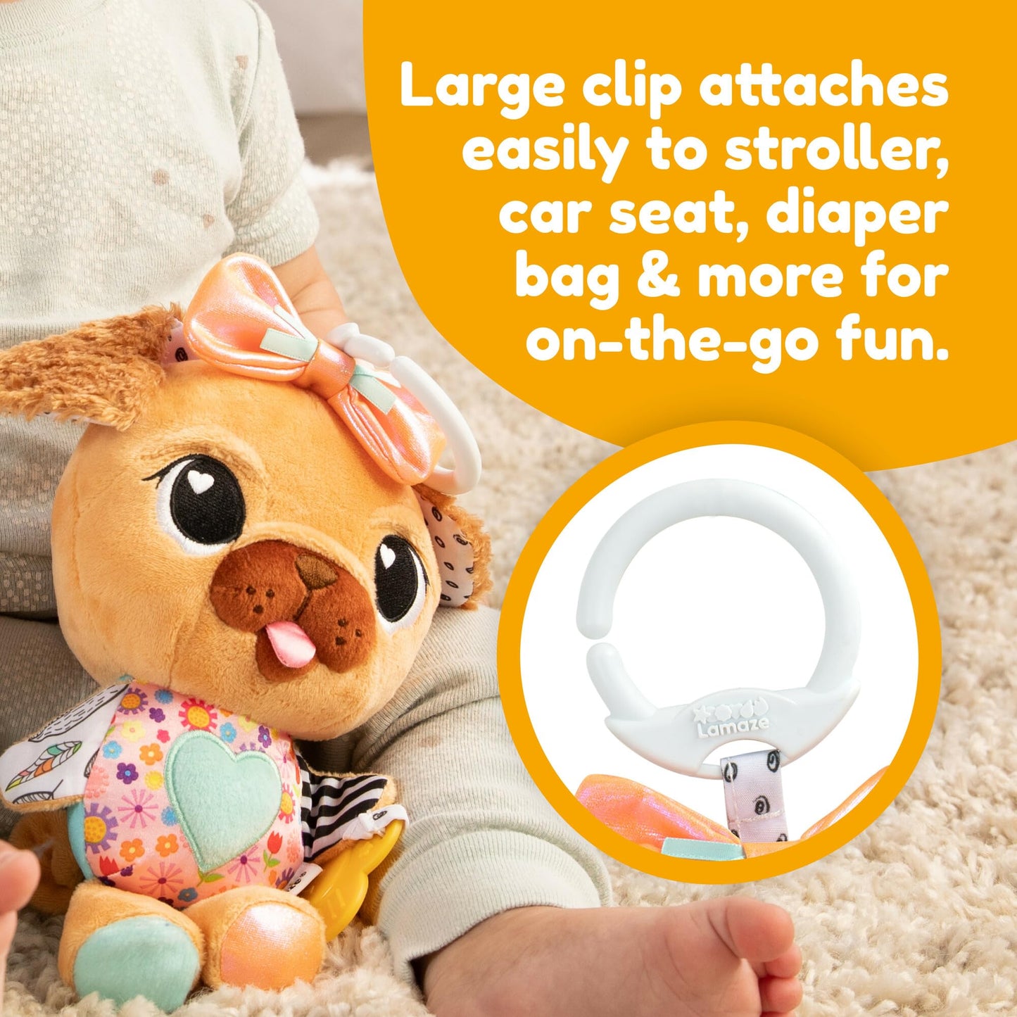 Lamaze Lovey The Pug Clip On Toy - Baby Sensory Toys for Stroller or Car - Developmental Stroller and Car Seat Toys - Includes Clip for On-The-Go Stroller or Car Seat Play - Ages 0 Months and Up