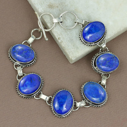 Natural Lapis Lazuli Silver Plated Handmade Link Bracelet for Women - September Birthstone Oval Gemstone Adjustable Bracelet Vintage Style Bohemian Jewelry - Mother's Day Gifts for Her