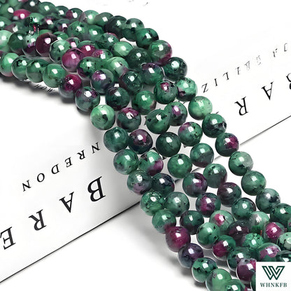 WHNKFB 8mm 50PCS Natural Ruby Zoisite Round Beads, Red-Green Loose Gemstone Beads for Jewelry Making Craft - 4mm 6mm 8mm 10mm Options with Free Elastic Cord
