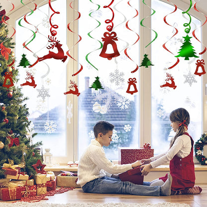 Christmas Party Decorations Foil Hanging Ceiling Swirls (30Pcs Fully-Assembled) Christmas Reindeer Bell Christmas Tree Snowflake Swirls for Porch Home House Bar, Xmas Holiday Supplies Decorations