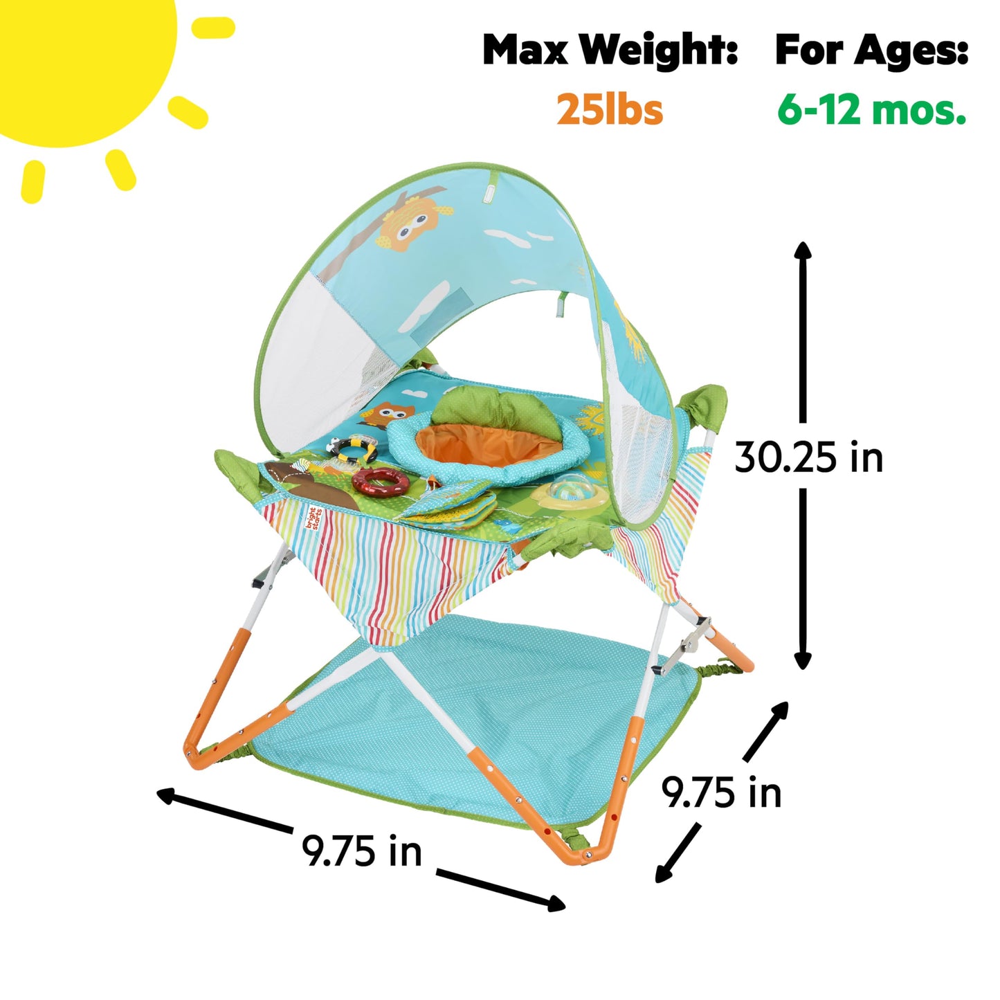 Bright Starts Pop 'N Jump Portable Baby Jumper, Foldable Indoor/Outdoor Baby Jumper with Owl Forest Sensory Activities, Ages 6–12 Months