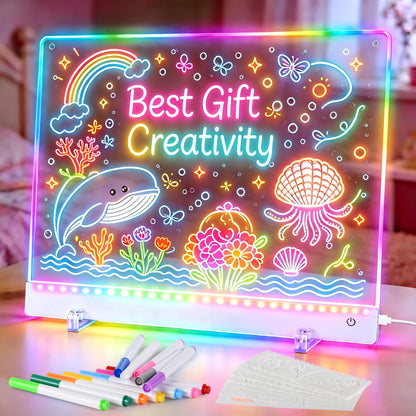 Led Drawing Board for Kids, 16.5IN Light Up Writing Tablet, Doodle Glow Dry Erase Drawing Pad with 11 Light Effects, Birthday Kindergarten Graduation Gifts for Kids Girls Teens, Stencils & 12 Markers