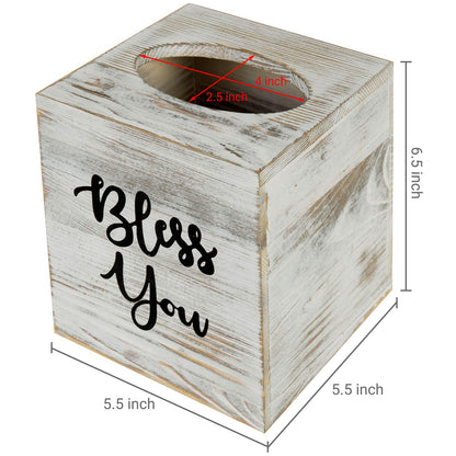 MyGift White Washed Solid Wood Square Tissue Box Cover Holder Decorative Tissue Dispenser Bath Decor with Bless You Design and Easy Refill Slide Out Bottom