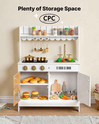 VEVOR Play Kitchen for Kids, Wooden Kids Kitchen Playset with Real Lights & Sounds, Food & Cookware Accessories, Pretend Play Toy Set, Sink, Oven, Stove, Cabinet, for Toddlers, Girls & Boys Ages 3-8