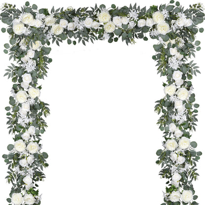 DearHouse 2Pcs Artificial Peony Flower Garland and - Silk Peony Garland with Flowers and Eucalyptus for Wedding Party Table Decoration,6ft/Strand (White)