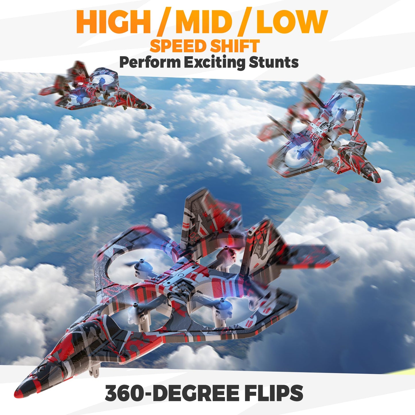 BEZGAR RC Plane, Foam Remote Control Airplane, Drone for Kids, RC Aircraft for Boys and Girls, Fighter Jet Helicopter with LED Lights, Altitude Hold, 360° Flip Stunt Rotation, Toy Airplane Red