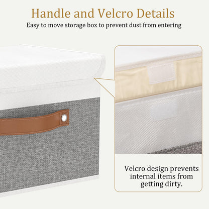 OUTBROS Large Foldable Storage Bins, Linen Fabric Box with Lid, Organiser for Shelves, Cubes For Towels, Clothes, 13 x 9.1 x 7.9 inch (White/Grey, 1-Pack)