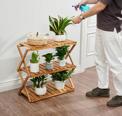 BEEFURNI Acacia Plant Stand Indoor, Wooden Outdoor Plant Stand, Foldable Plant Stand, 3 Tier Conner Space Flower Stand, Plant Ladder Stand (Natural)