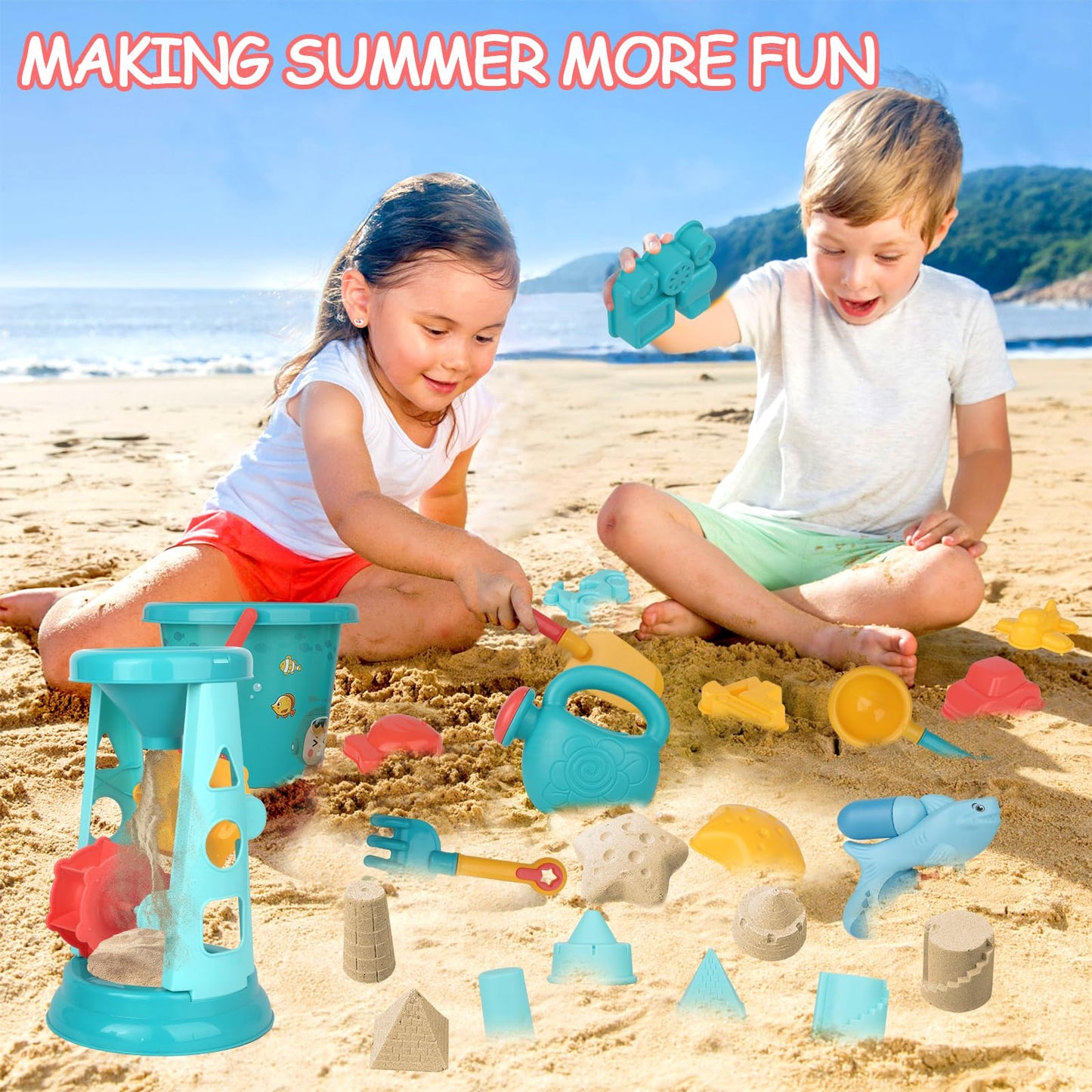 LUCKFUTURE Beach Toys, 25 Pcs Sand Toys Set for Kids Including Water Gun, Sifting Funnel, Bucket, Watering Can, Sand Molds & Mesh Beach Toy Bag, Sandbox Toys for Toddlers 3-12
