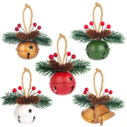 5 Pack Rustic Christmas Bell Ornaments with Pinecones & Berries - Metallic Hanging Decor for Christmas Tree,Mantel,Home (Green,Gold,Red,White)