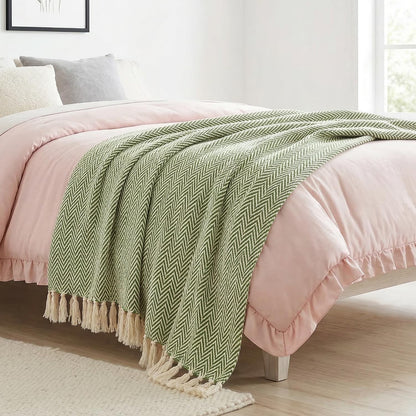 Americanflat 50x60 Throw Blanket - Soft and Breathable Cotton Throw Blanket for Couch, Bed, Chair - Decorative Blankets Perfect for Home, Office, or Outdoor Use - Sage and Beige Herringbone Design