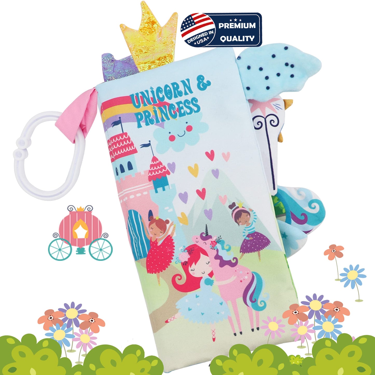 bebe mondo Unicorn Baby Books 0-6 Months Toys 6 to 12 Months, Touch Feel Cloth Crinkle Books for Babies,Infants, Soft Sensory Stroller Toys, Easter Baby Gifts Shower Items, Chweing Book (Princess)