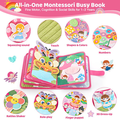 22 in 1 Busy Book for Toddlers 1-3, Sprite Montessori Toys for 1 Year Old with Fishing Game, Soft Sensory Toddler Busy Board, Airplane Travel Toys, Birthday Easter Gifts for 1 2 Year Old Girl