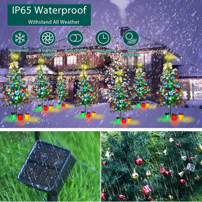 Aukora Solar Christmas Tree Lights Outside Decorations 31 in,8 Modes Christmas Light Outdoor Waterproof with 23 Xmas Accessories & 3 Gifts Box Lights for Garden Pathway Cemetery Decorations,2Pack