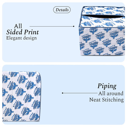 CPC Apatite Blue Hand Block Printed Cotton Tissue Box Cover 5" x 5" x 5.5" Square Soft Reusable Boho Napkin Holder for Home Kitchen Dining Bathroom Office Cafe Spa, Gift for Spring, Mother's Day