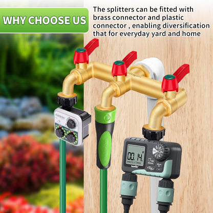 Boltigen 3 Way Water Hose Valve Splitter, Brass High Flow Garden Hose Faucet, 3/4 NPT Inlet to 3/4 GHT Outlet Garden Hose Manifold, Three Way Water Outdoor Splitter with Shut Off, Gold