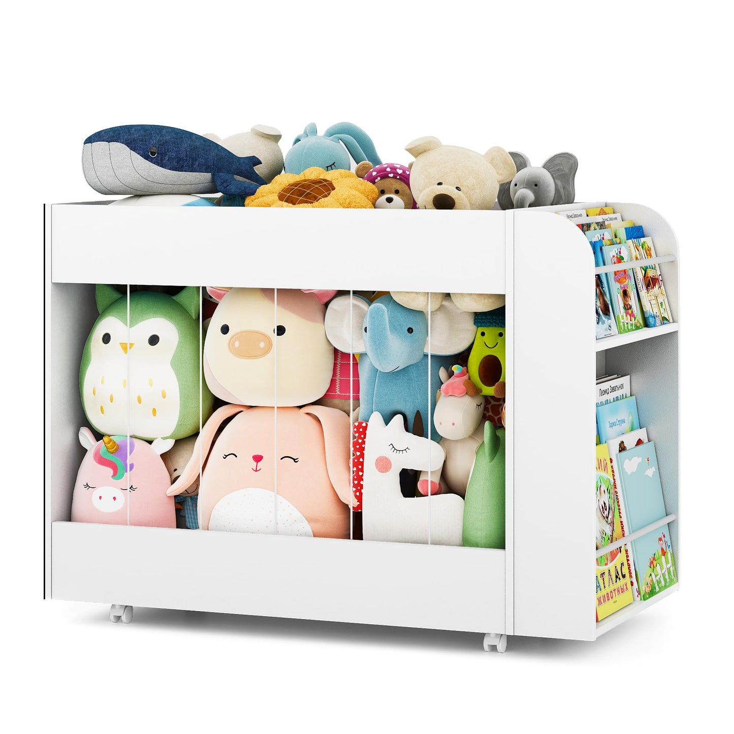 VortinT 3-in-1 Toy Storage Box with Bookshelf and Chalkboard, Large Stuffed Animal Toy Chest on Wheels, Kids Toy Storage Organizer Bin for Kids Room, Nursery & Playroom, for Kids, White