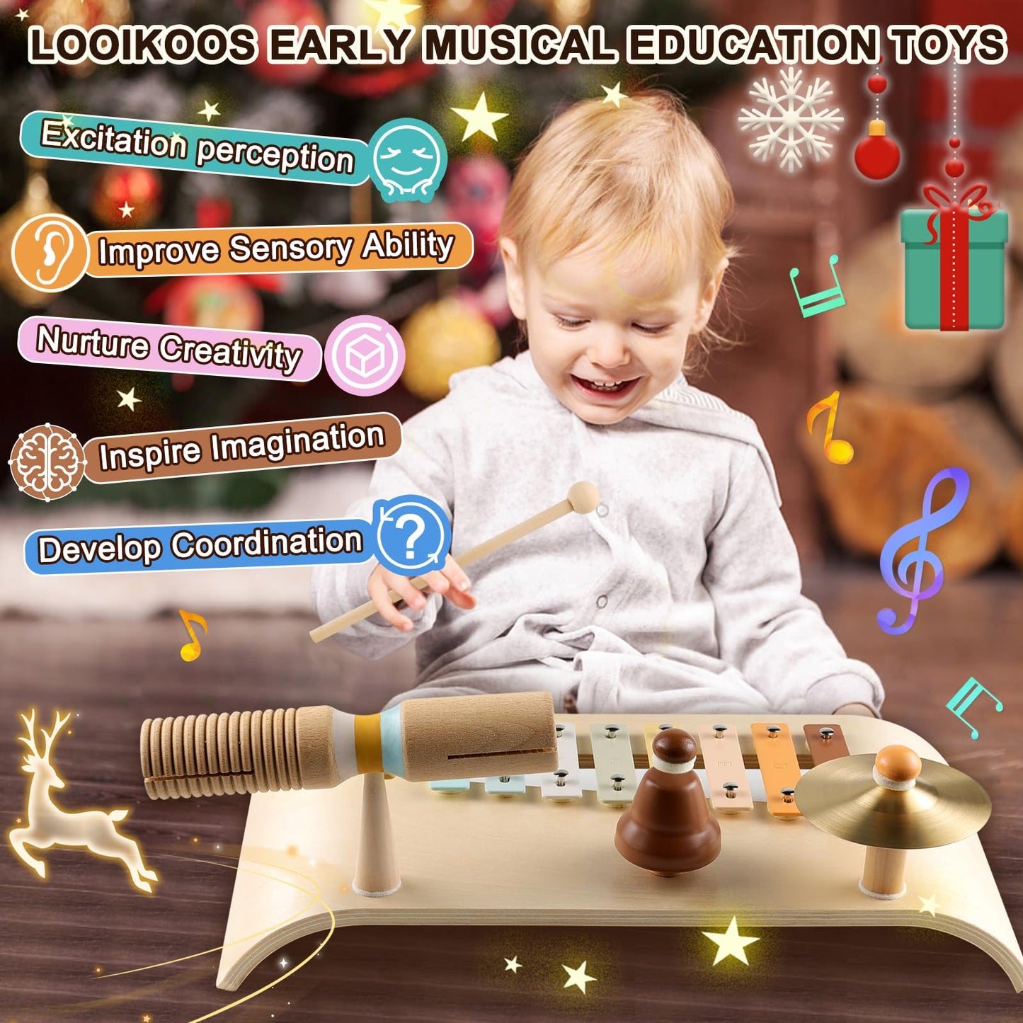 LOOIKOOS Kids Drum Set Toddler Musical Instruments Set Wooden Percussion Instrument Xylophone for Kids Montessori Toys Preschool Educational Musical Toys