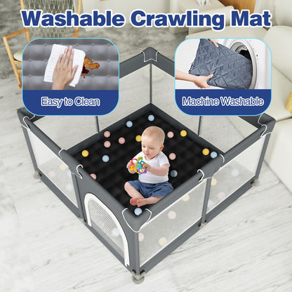Grobeybees Baby Playpen with Mat, Playpen for Babies and Toddlers, Large Baby Play Pen with Pad, Playard with Bag, Indoor & Outdoor Play Pen, Sturdy Safety Play Yard with Soft Breathable Mesh (Grey)