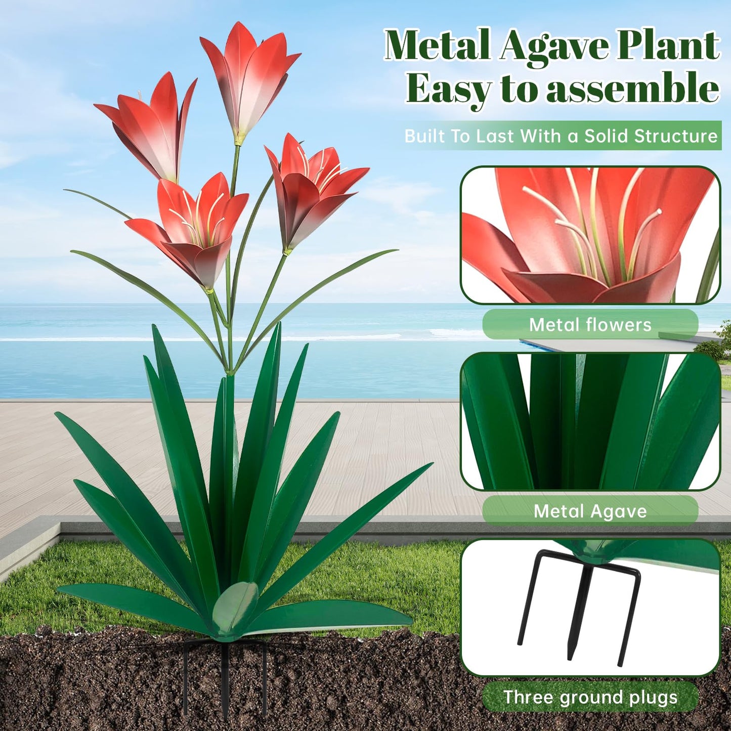 TOMBABY 32.28 Inch Metal Agave Plant Outdoor Decoration Lily Mexican Yard Art Garden Gift Home Decor Hand Painted Metal Agave Garden Yard Statue (1, Green)