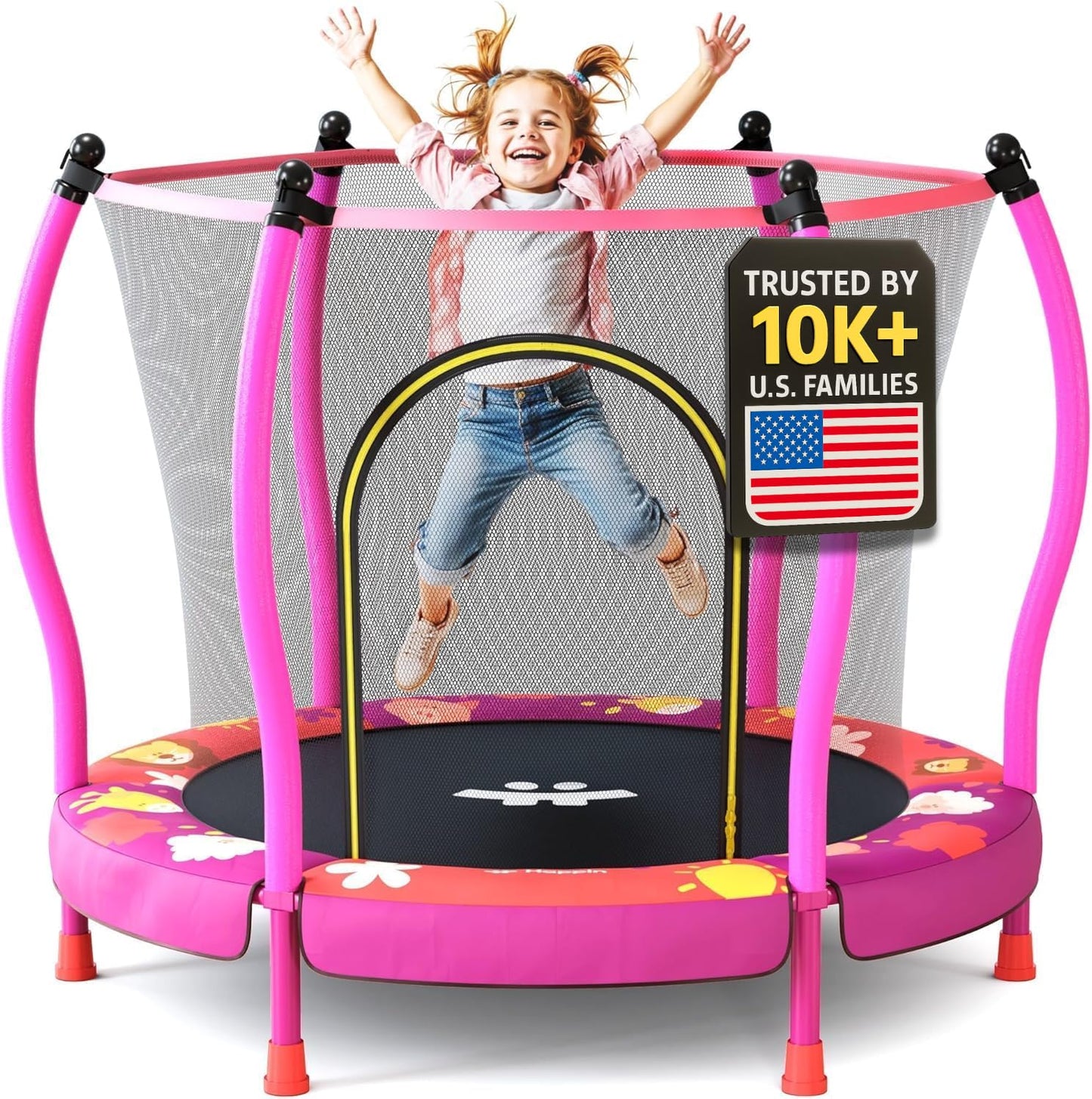 Happin® 55'' Toddler Trampoline Indoor & Outdoor with Safety Enclosure, 5FT Recreational Trampoline for Kids, Ages 1-8 with Basketball Hoop, No-Gap Design, Toddler Gift for Boy & Girl