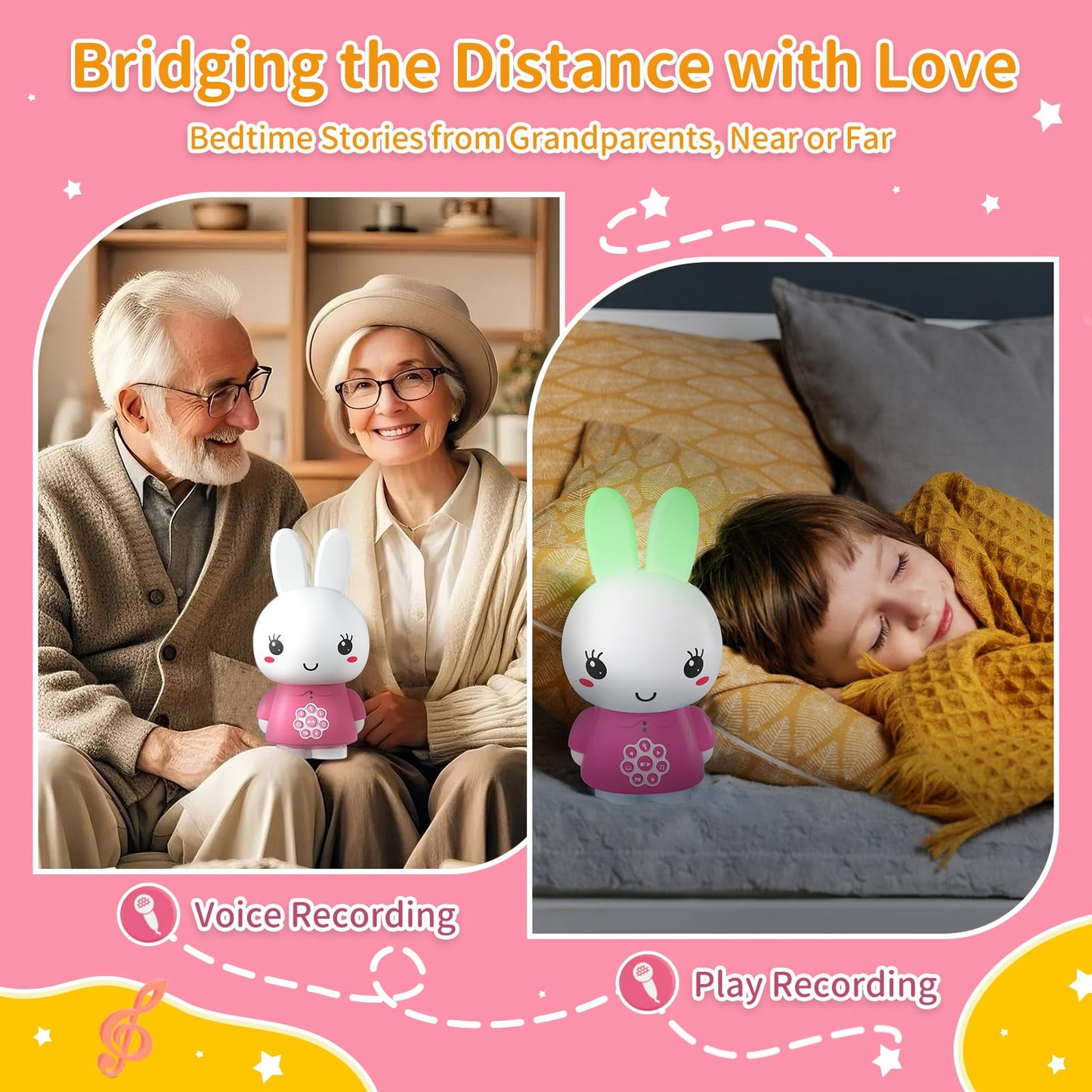 alilo Honey Bunny Kids Music Story Audio Player for Toddlers 1-5, Baby Boy Girl Easter Gifts, Pre-Loaded 16 Stories/48 Nursery Rhymes/12 Soothing Music, with Nightlight, Voice Recording
