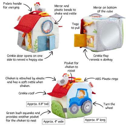 HABA Sensory Play Cube Farmyard - Infant Toys for Tummy Time and Best Toys for Baby Development for 6 Months+ with Rattle, Crinkle Sounds and Tactile Effects