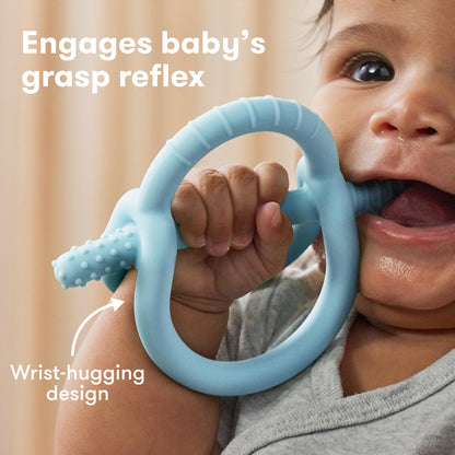 Frida Baby Push Pop Feeder, Baby Fruit Feeder + Get-A-Grip Teether Teething Toy | 100% Food-Grade Silicone Food Pacifier & Teether Toy for Baby 0-6, 12, 18 Months Infant, (Blue)
