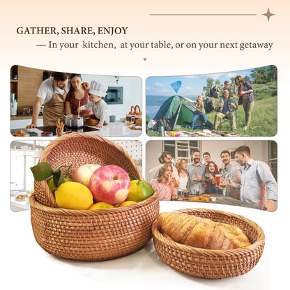 9.2" Medium Round Rattan Wicker Bread Basket, Natural Fruit Basket for Kitchen Counter, Hand Woven Food Baskets, Artisanal Bread Baskets for Serving, Fruit, Vegetable, Snack, key, Etc.