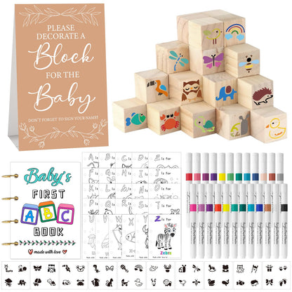 Aisharery 146 Pcs Baby Shower Game Sign Set Includes Decorative Square 54 DIY Blank Wooden Blocks 24 Paint Markers 27 Page Baby‘s First ABC Book