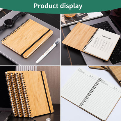 CWUINT 4 Packs Lined Bamboo Notebook Journals, Wooden Notebooks 80 Pages, 5" * 7" Hardcover Notebook College Thick Paper Notebook, Journaling Notebook for Work Women Men School