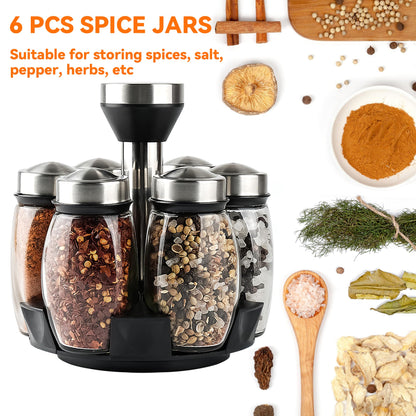 Mlici 6PC Spinning Glass Spice Jars - 360° Rotating Spice Rack Organizer with Jars, Stainless Steel Revolving Seasoning Holder Jars for Countertop Cabinet Kitchen Spices Cruets