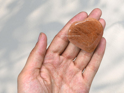 Peach Moonstone Crystal Heart Palm Stone - Pocket Massage Worry Stone for Natural Body Chakra Balancing, Reiki Healing and Crystal Grid