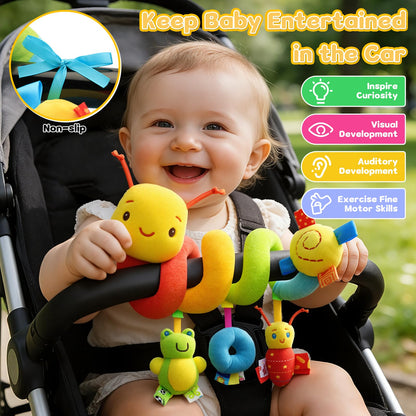 FPVERA Car Seat Toys for Babies 0-6 Months, Hanging Carseat Toys for Infants 0-12 Months, Spiral Plush Caterpillar Sensory Stroller Toy with Rattles for Baby Essentials Newborn Boy Girl Shower Gifts