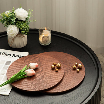 JUMBO HUMBLE Decorative Serving Trays, Set of 2 Brown Crocodile Leather Round Serving Tray with Beads, Decorative Tray Ottoman Decor Platter Coffee Table Trays for Living Room Home Decor